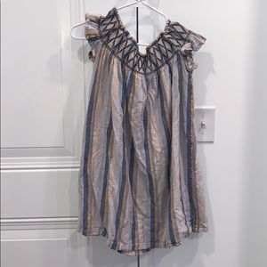 blue + yellow striped off the shoulder dress